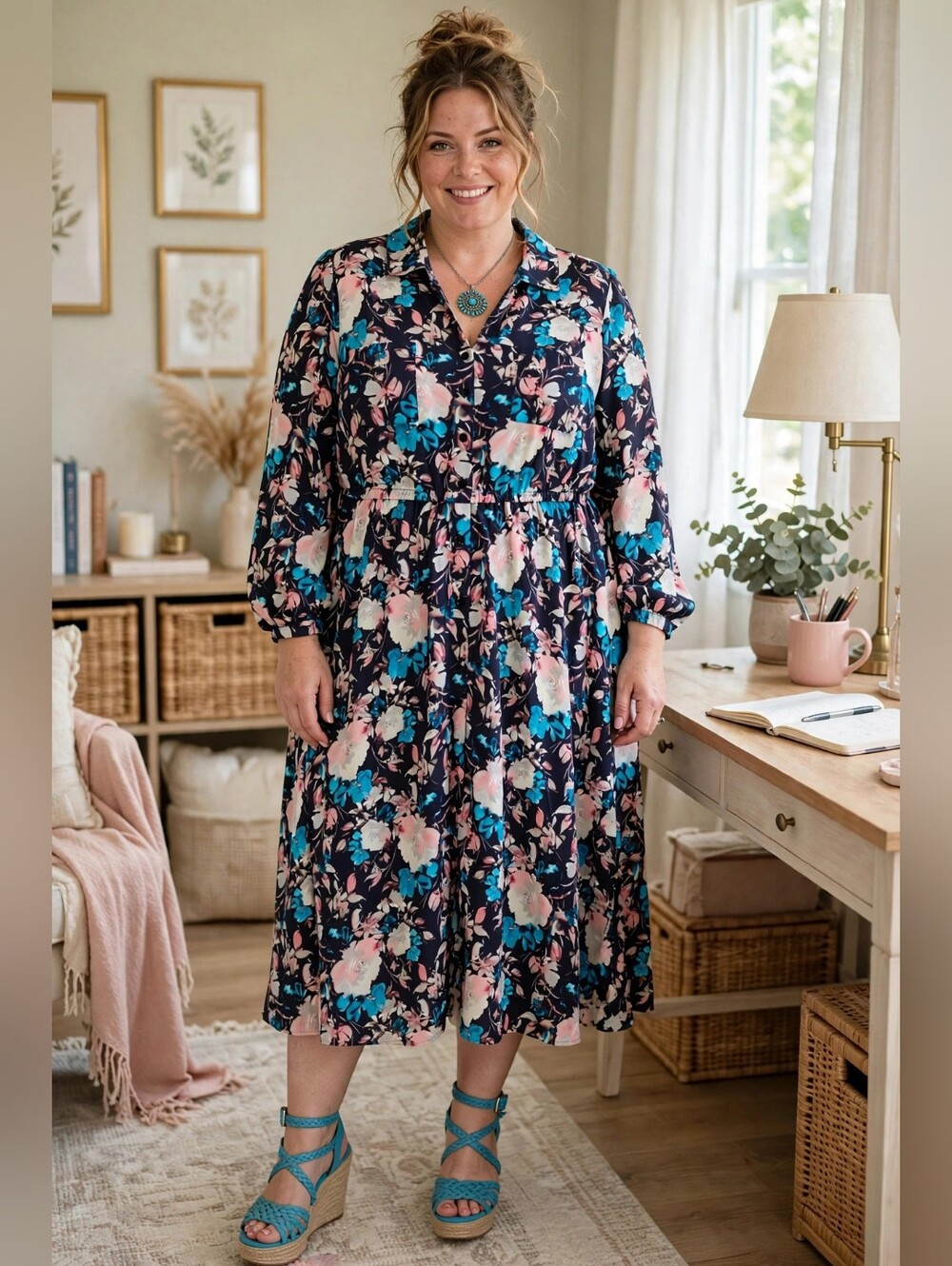 torrid Floral Button-Front Shirt Dress with Pink & Teal Blooms
